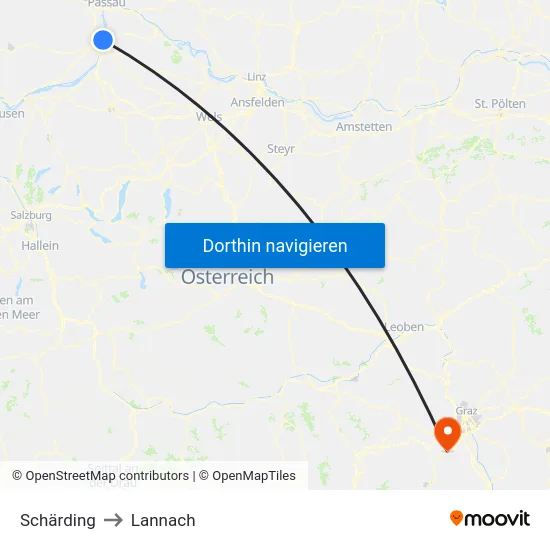 Schärding to Lannach map