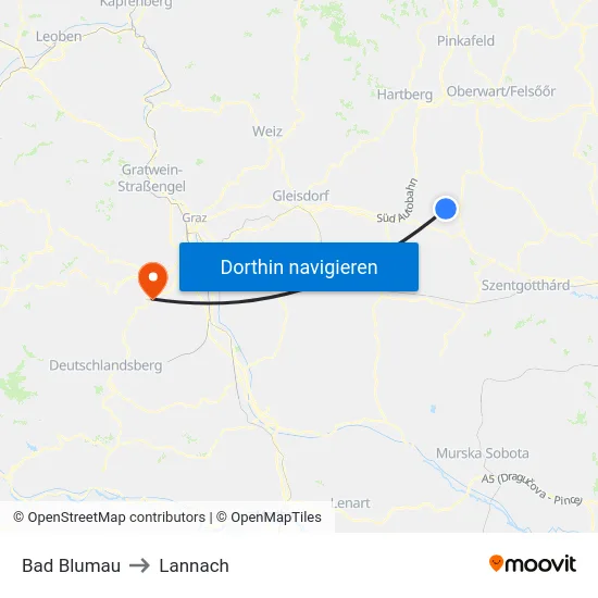 Bad Blumau to Lannach map