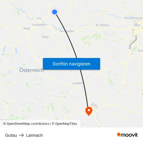 Gutau to Lannach map