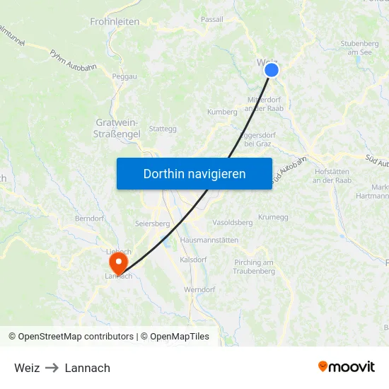 Weiz to Lannach map