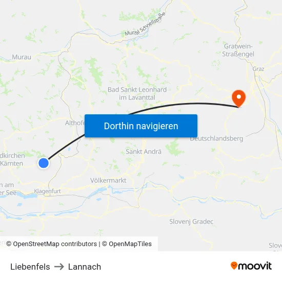 Liebenfels to Lannach map