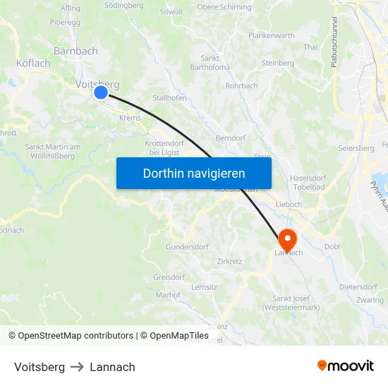 Voitsberg to Lannach map