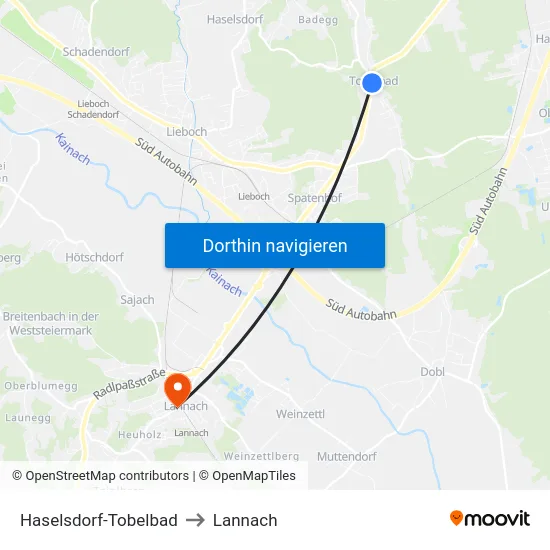 Haselsdorf-Tobelbad to Lannach map