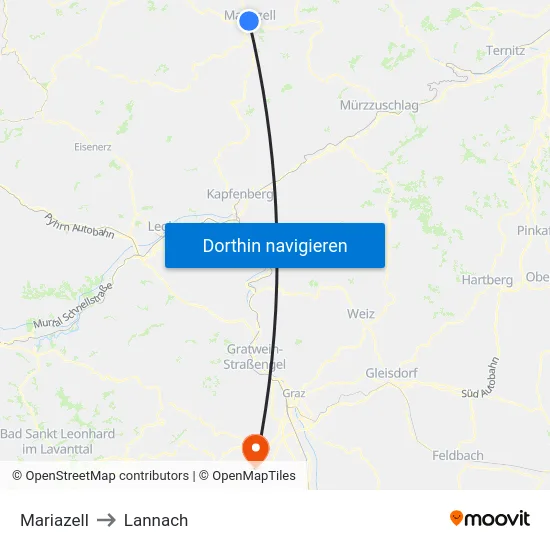 Mariazell to Lannach map
