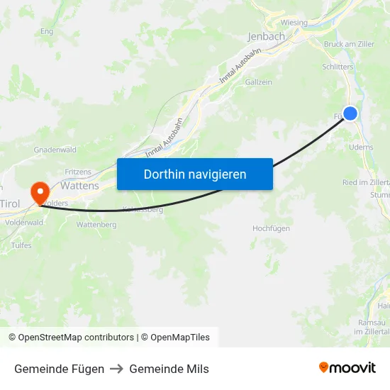 Gemeinde Fügen to Gemeinde Mils map