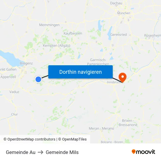 Gemeinde Au to Gemeinde Mils map