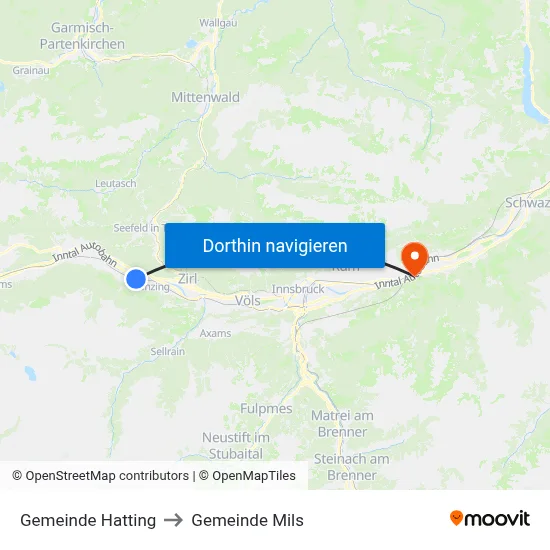 Gemeinde Hatting to Gemeinde Mils map