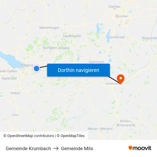 Gemeinde Krumbach to Gemeinde Mils map