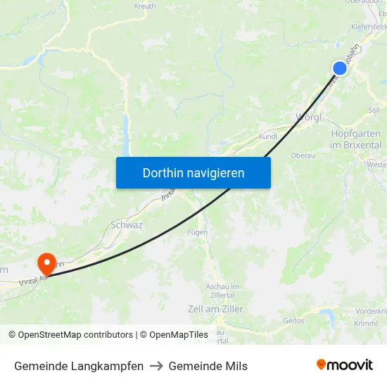 Gemeinde Langkampfen to Gemeinde Mils map