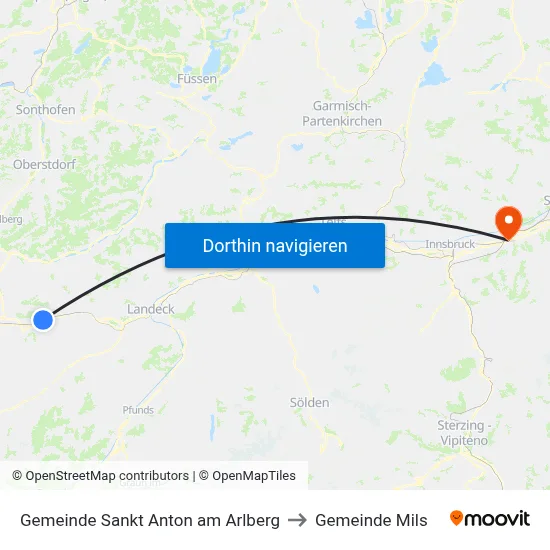 Gemeinde Sankt Anton am Arlberg to Gemeinde Mils map