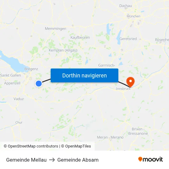 Gemeinde Mellau to Gemeinde Absam map