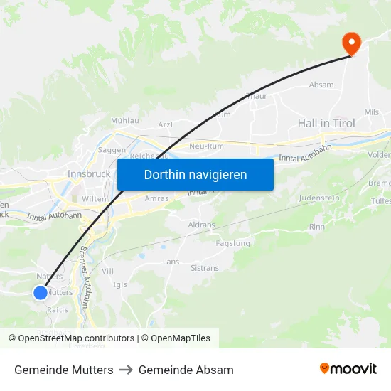 Gemeinde Mutters to Gemeinde Absam map