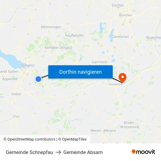 Gemeinde Schnepfau to Gemeinde Absam map