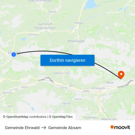 Gemeinde Ehrwald to Gemeinde Absam map