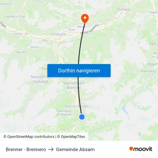 Brenner - Brennero to Gemeinde Absam map