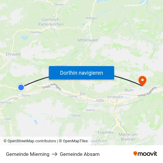 Gemeinde Mieming to Gemeinde Absam map