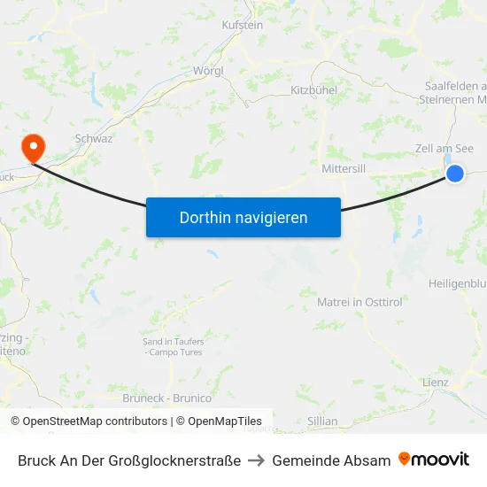 Bruck An Der Großglocknerstraße to Gemeinde Absam map