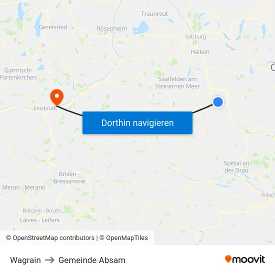 Wagrain to Gemeinde Absam map