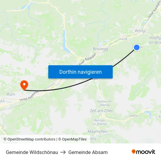 Gemeinde Wildschönau to Gemeinde Absam map