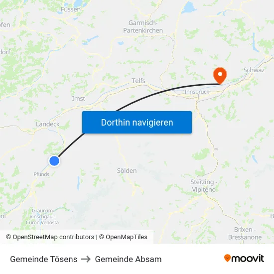 Gemeinde Tösens to Gemeinde Absam map