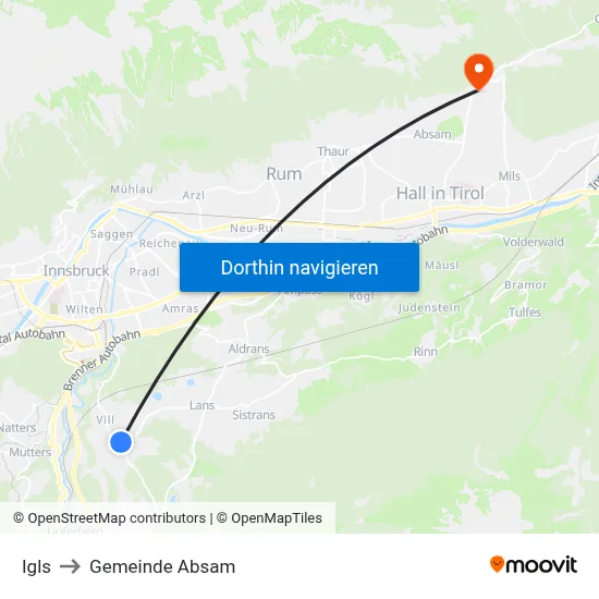 Igls to Gemeinde Absam map