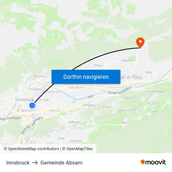 Innsbruck to Gemeinde Absam map