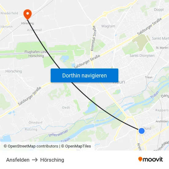 Ansfelden to Hörsching map
