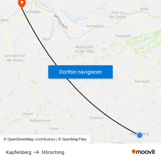 Kapfenberg to Hörsching map