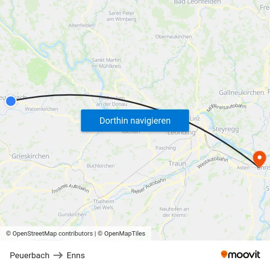 Peuerbach to Enns map