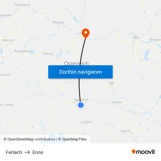 Ferlach to Enns map