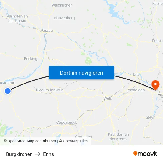 Burgkirchen to Enns map