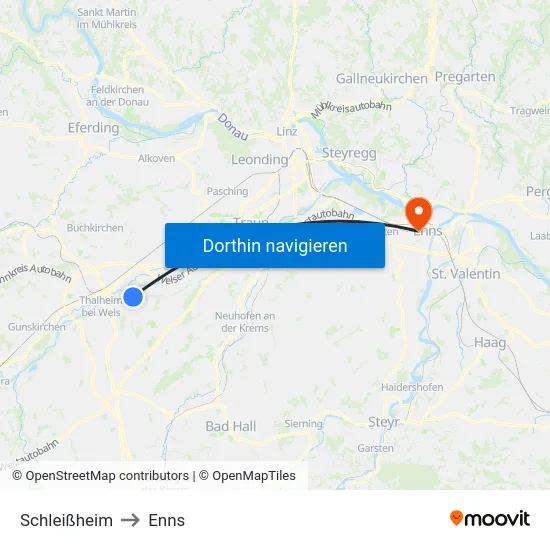 Schleißheim to Enns map