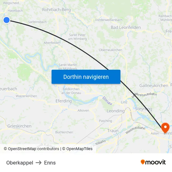 Oberkappel to Enns map