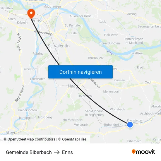 Gemeinde Biberbach to Enns map