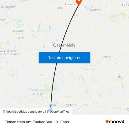 Finkenstein am Faaker See to Enns map