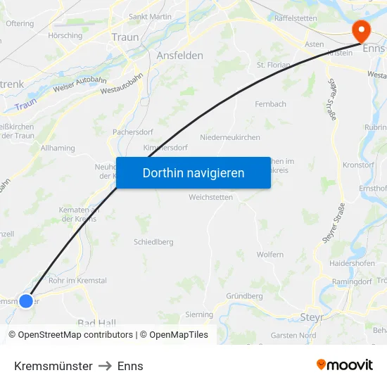 Kremsmünster to Enns map