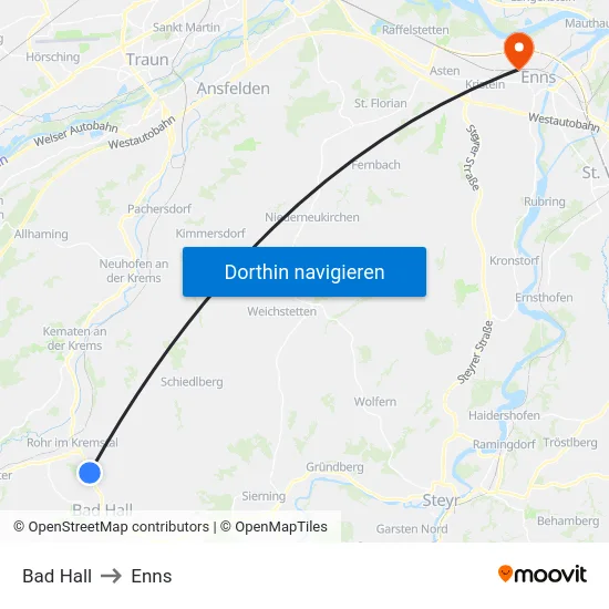 Bad Hall to Enns map