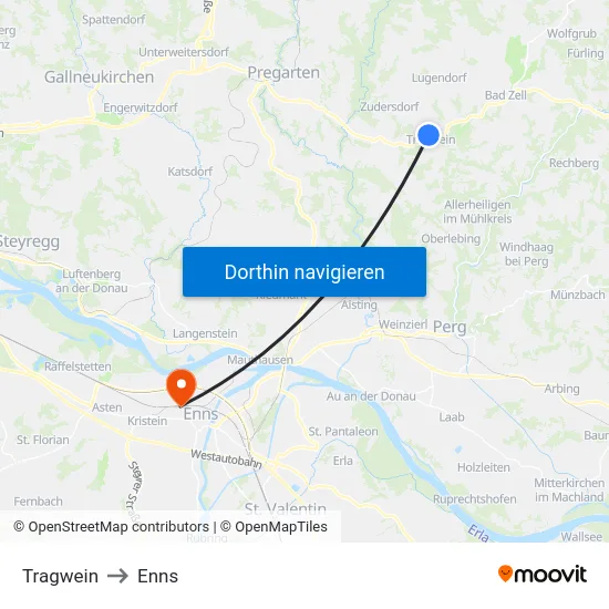 Tragwein to Enns map