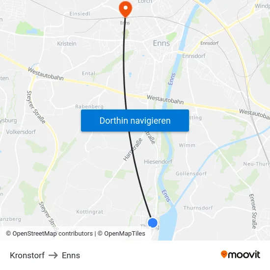 Kronstorf to Enns map