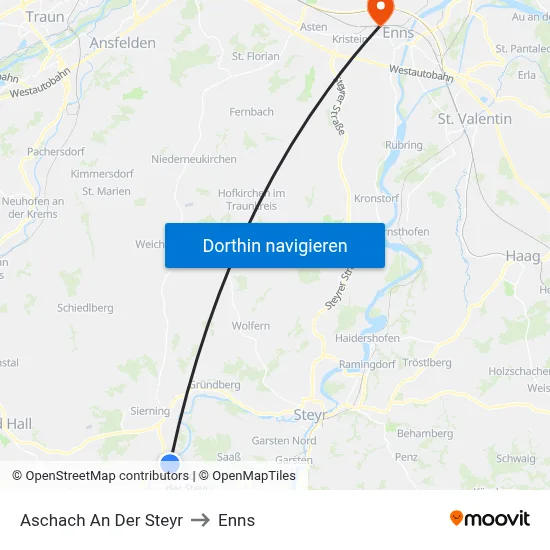 Aschach An Der Steyr to Enns map