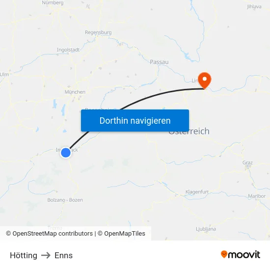 Hötting to Enns map