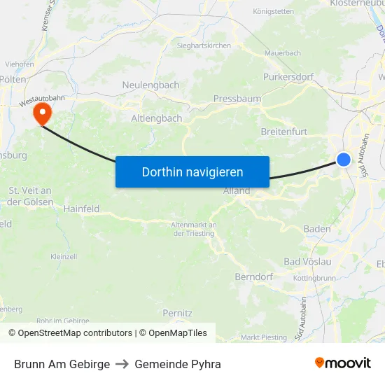 Brunn Am Gebirge to Gemeinde Pyhra map