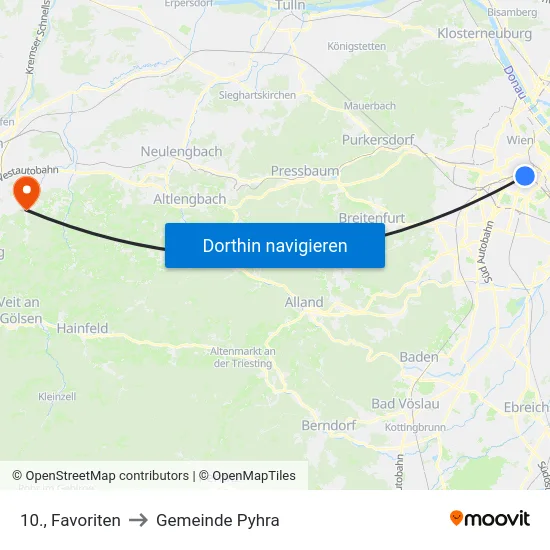 10., Favoriten to Gemeinde Pyhra map