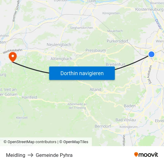 Meidling to Gemeinde Pyhra map