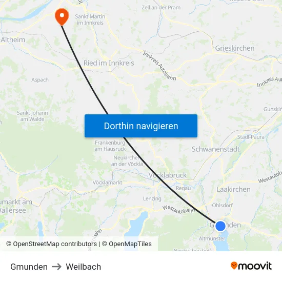 Gmunden to Weilbach map