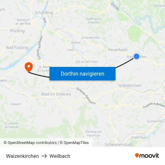 Waizenkirchen to Weilbach map