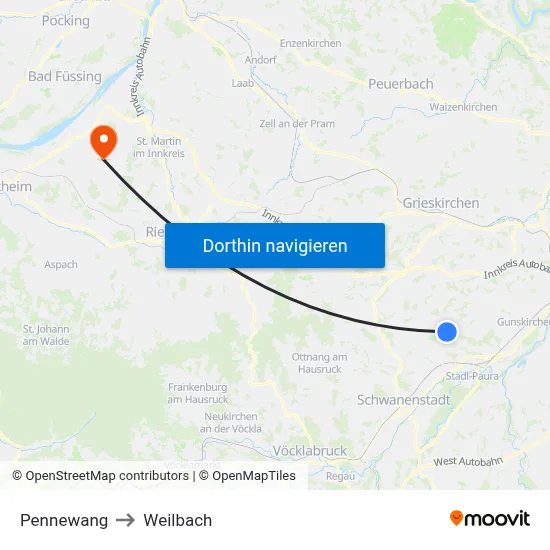 Pennewang to Weilbach map