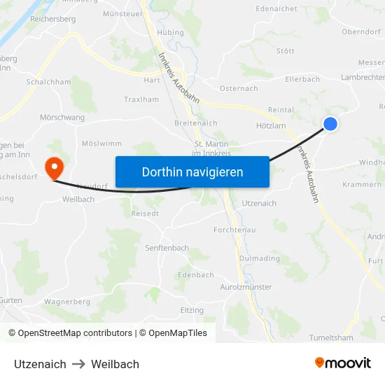 Utzenaich to Weilbach map