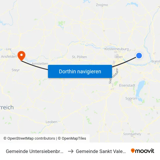 Gemeinde Untersiebenbrunn to Gemeinde Sankt Valentin map