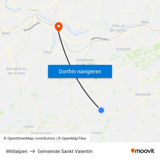 Wildalpen to Gemeinde Sankt Valentin map
